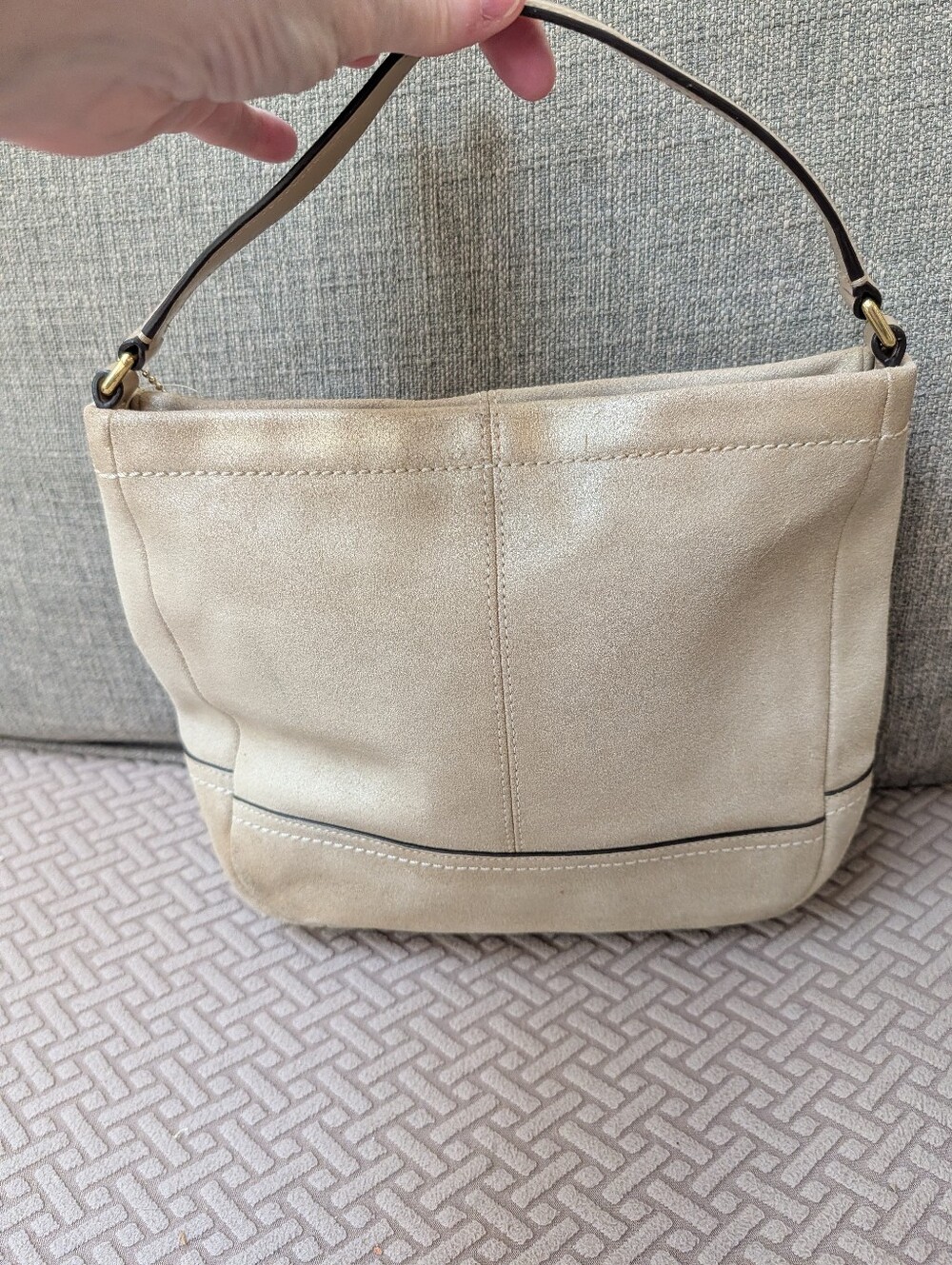 Coach Beige Suede Top Handle Bag with Leather Trim - Picture 3 of 12